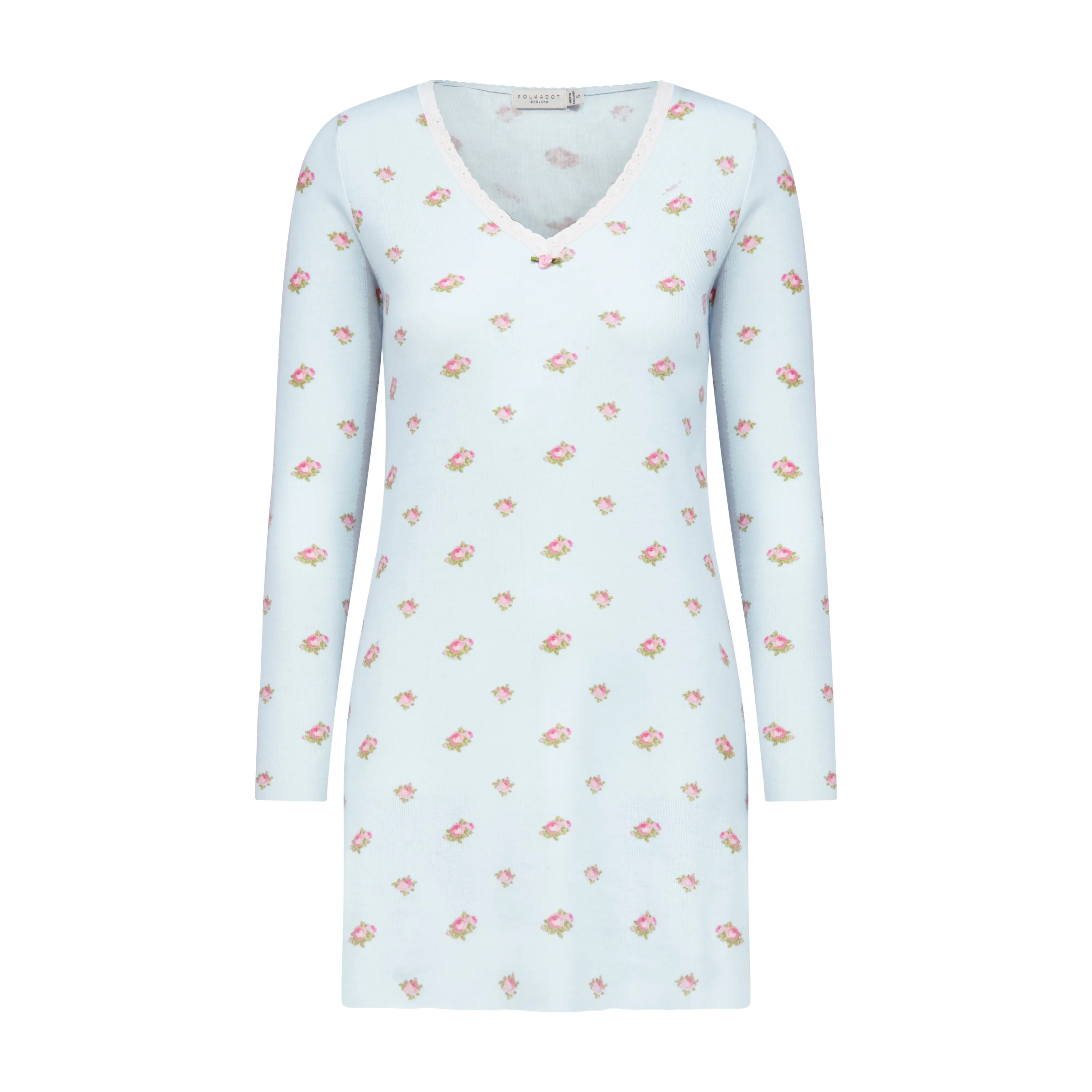 Polkadot BLUE CIEL ROSE Print CHEMISE V Neck LS