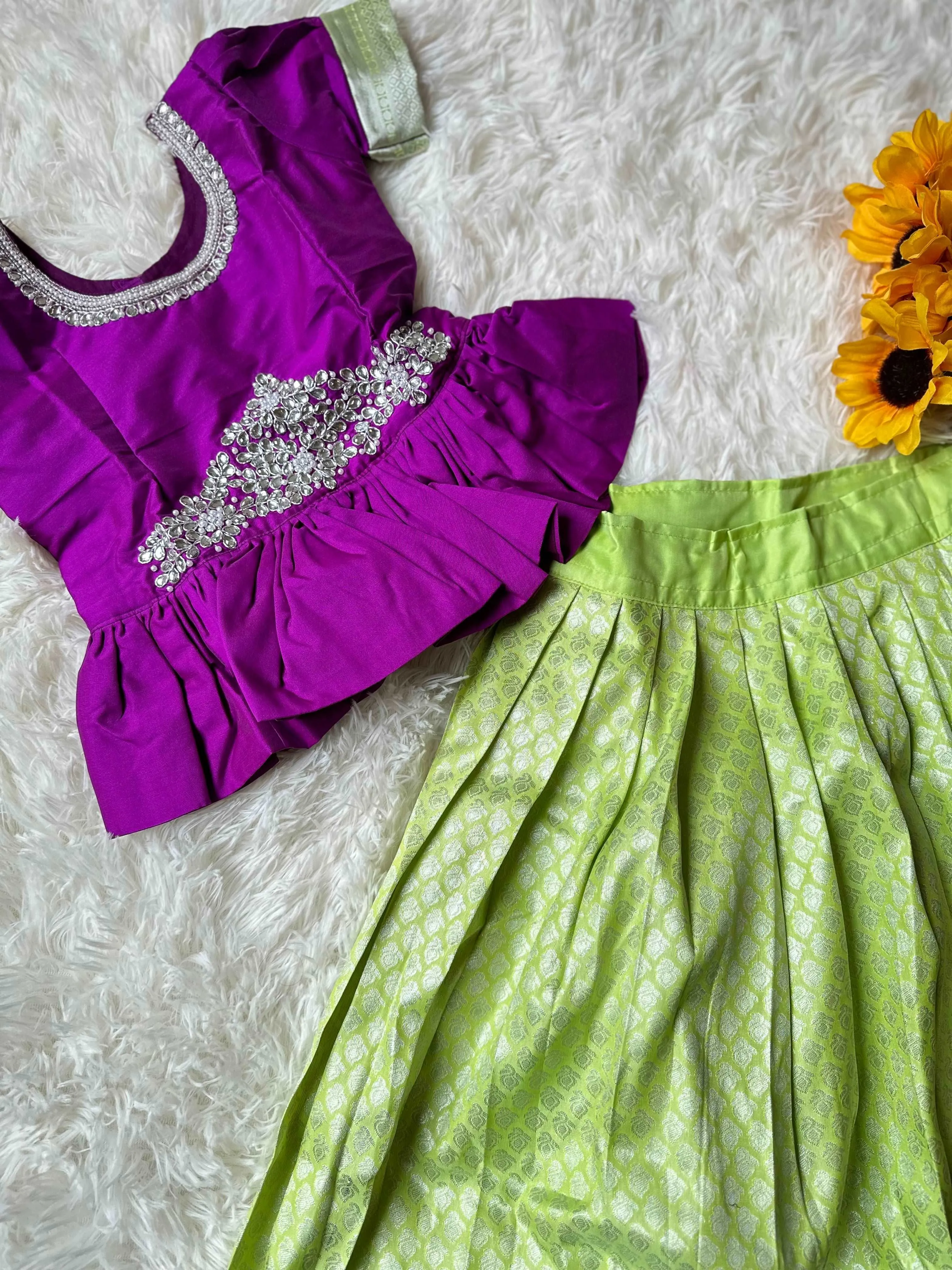 PRE ORDER : Chic Pista Green Skirt & Violet Peplum Top Set with Aari Worki