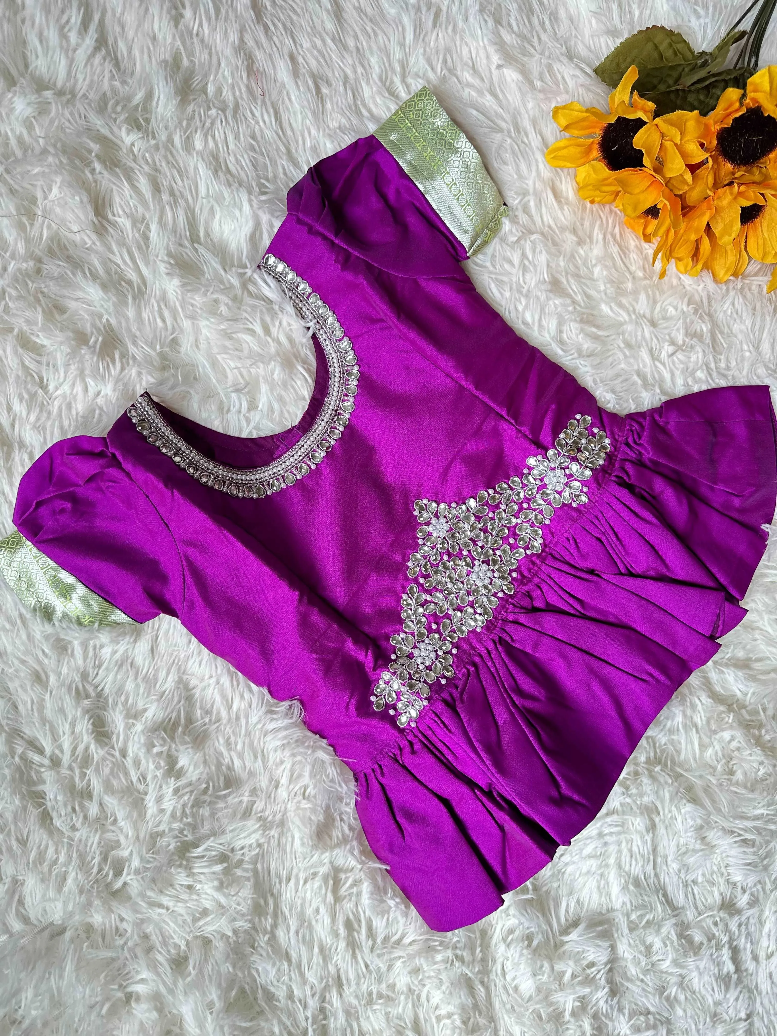 PRE ORDER : Chic Pista Green Skirt & Violet Peplum Top Set with Aari Worki