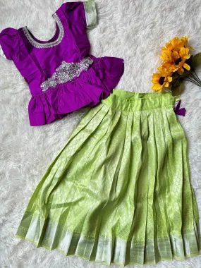 PRE ORDER : Chic Pista Green Skirt & Violet Peplum Top Set with Aari Worki