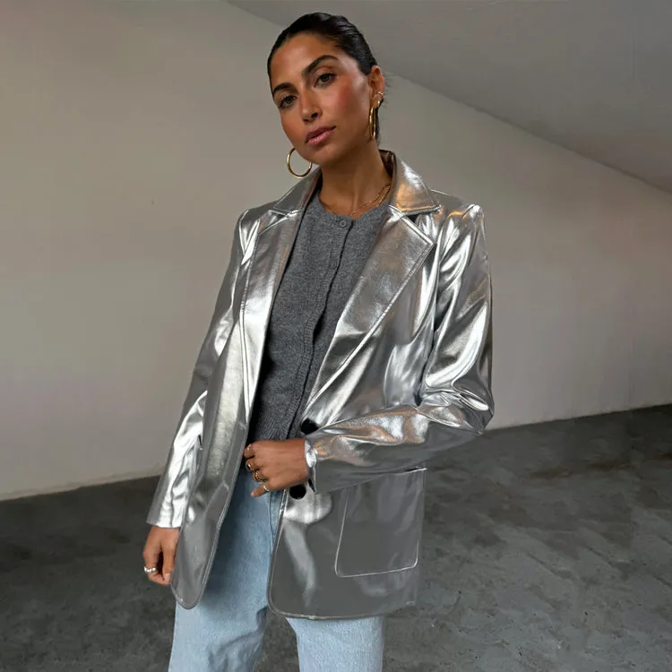 Silver Vegan Leather Blazer