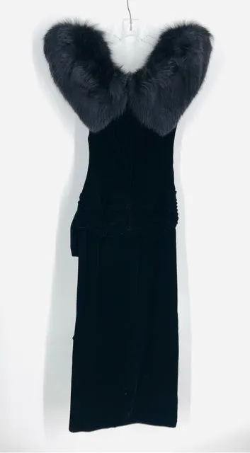 Size S ? Black Velour Fur Trim Vintage Dress