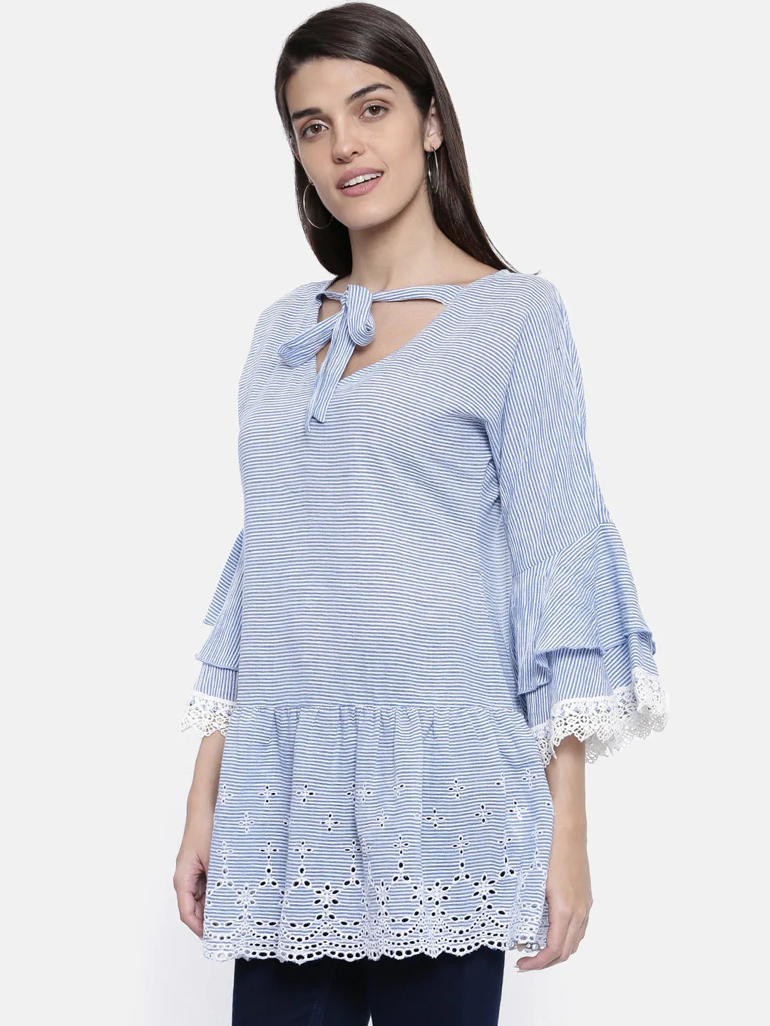 Stripy Azure Schiffli Top - (Clearance - Final Sale)