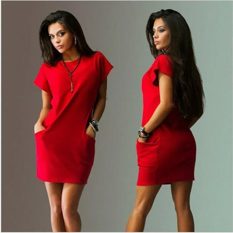 Summer  Casual Short Sleeve O-Neck Dresses Slim Pocket Bodycon, T-Shirt Dress