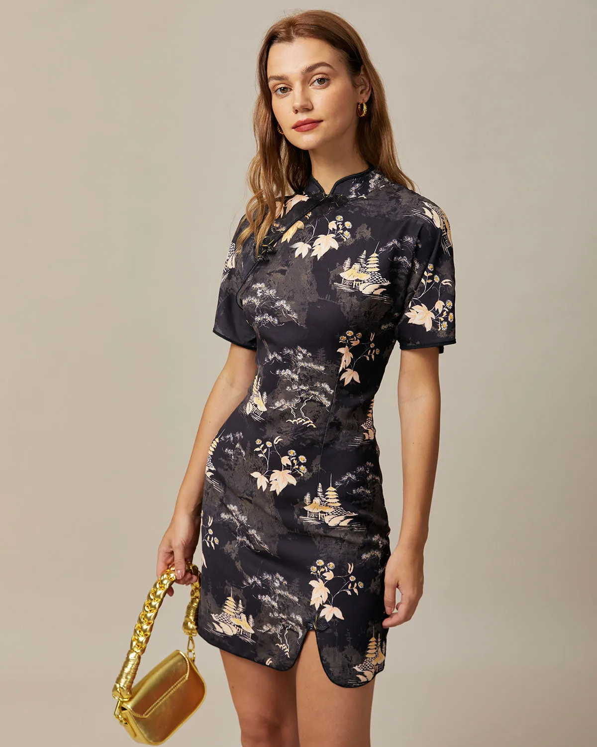 The Black Mandarin Collar Floral Cheongsam