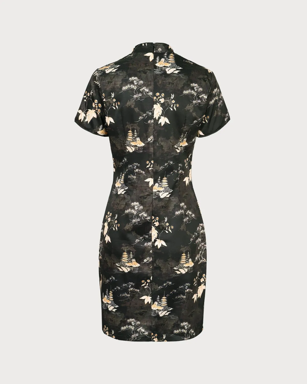 The Black Mandarin Collar Floral Cheongsam