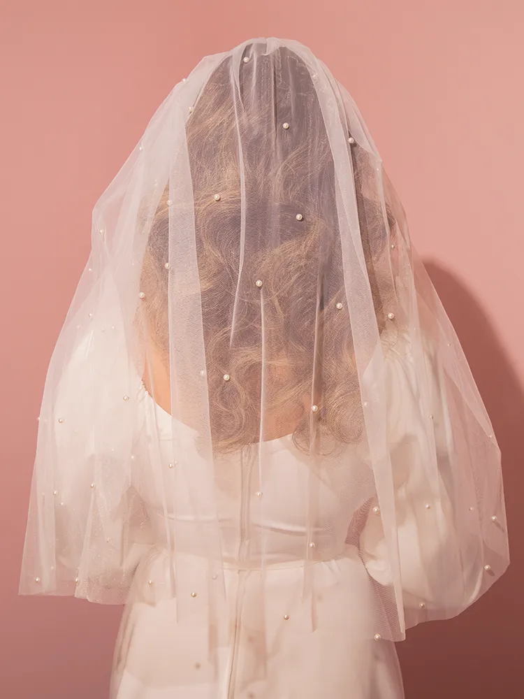 Tulle Veil with Pearl Bead Accents in White Mesh