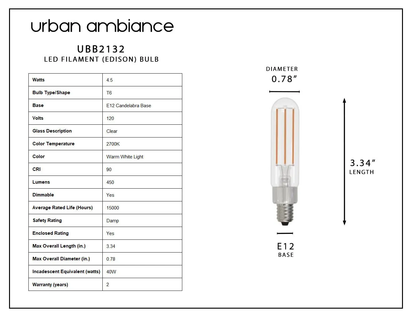 UBB2132 Luxury LED Bulbs, 40W Equivalent, Vintage Edison Style, T6 Shape, E12 Base (candelabra base), 2700K (warm white) - 4 PACK