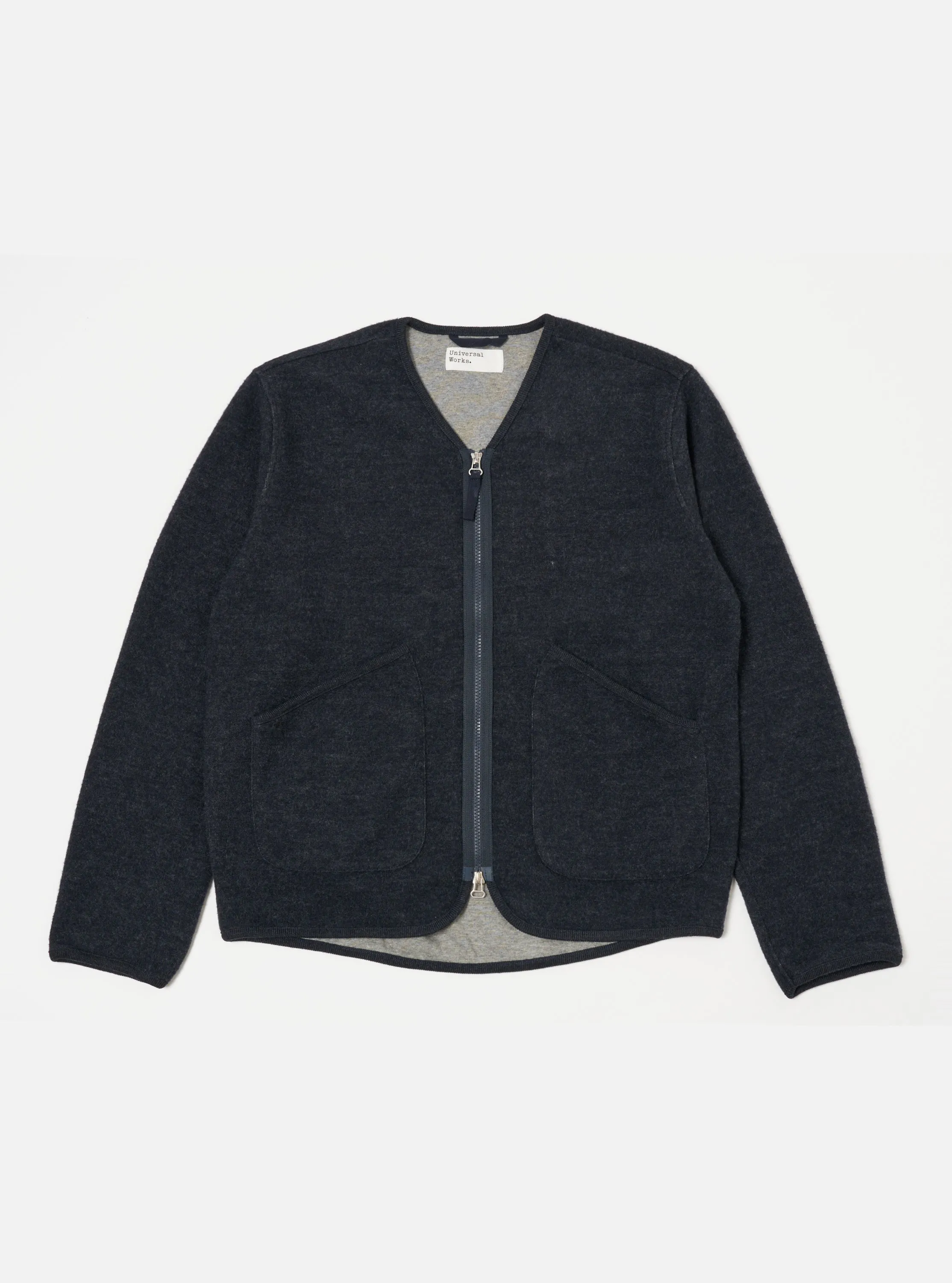 Universal Works Zip Liner Jacket in Navy Soft Wool Cotton Knit