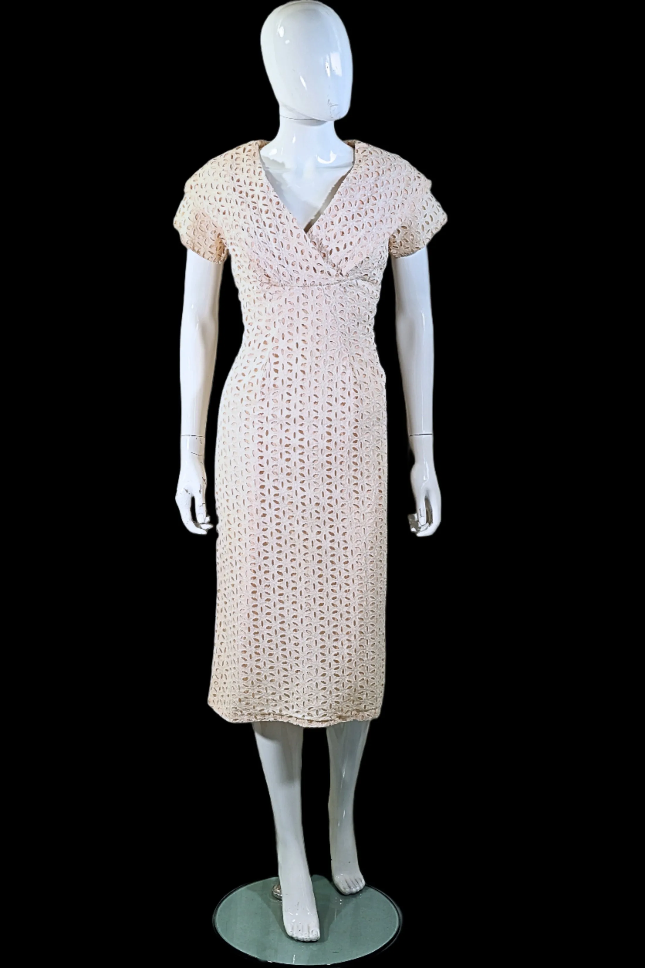 Vintage 50s Eyelet Lace Dress, Cream Lace/Peach Lining M