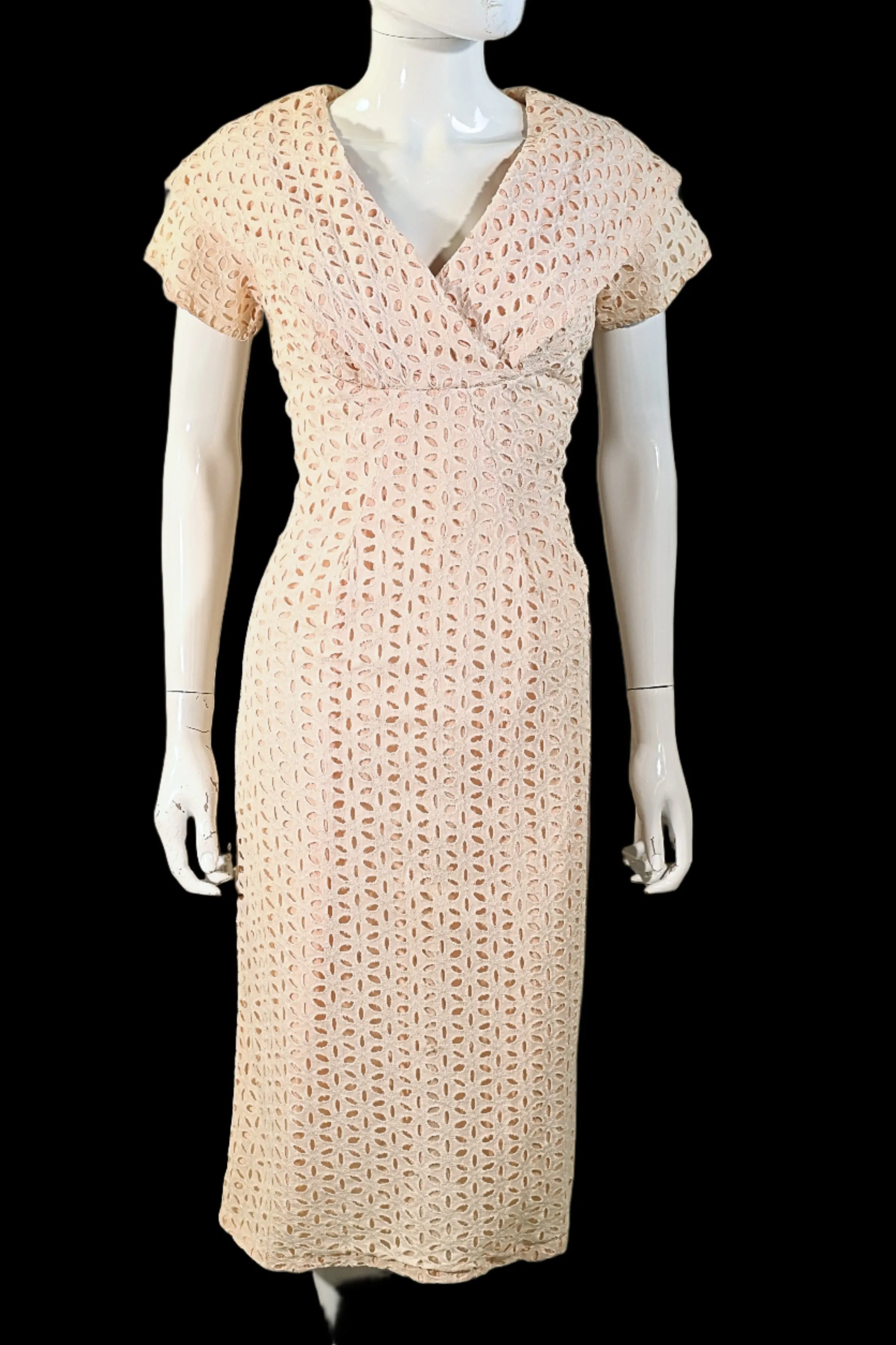 Vintage 50s Eyelet Lace Dress, Cream Lace/Peach Lining M