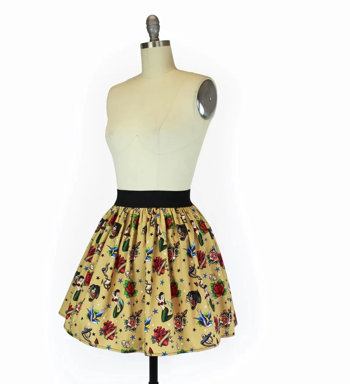 Vintage Inspired Tattoo Flash Art A-line Elastic Skirt #S-AP707