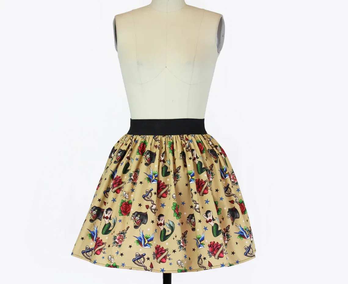 Vintage Inspired Tattoo Flash Art A-line Elastic Skirt #S-AP707