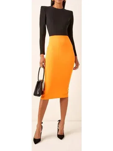 Women’s Black and Orange Long-Sleeve Crepe Stretch Midi Dress