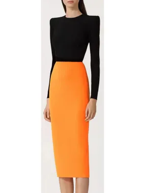 Women’s Black and Orange Long-Sleeve Crepe Stretch Midi Dress