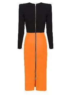 Women’s Black and Orange Long-Sleeve Crepe Stretch Midi Dress