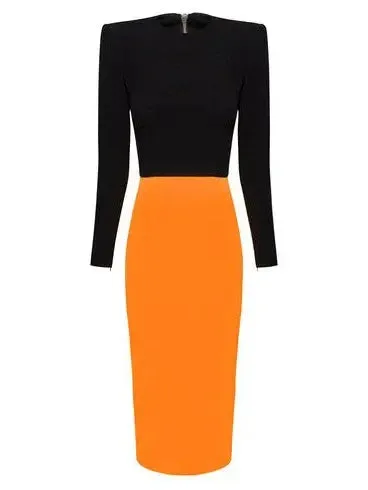 Women’s Black and Orange Long-Sleeve Crepe Stretch Midi Dress