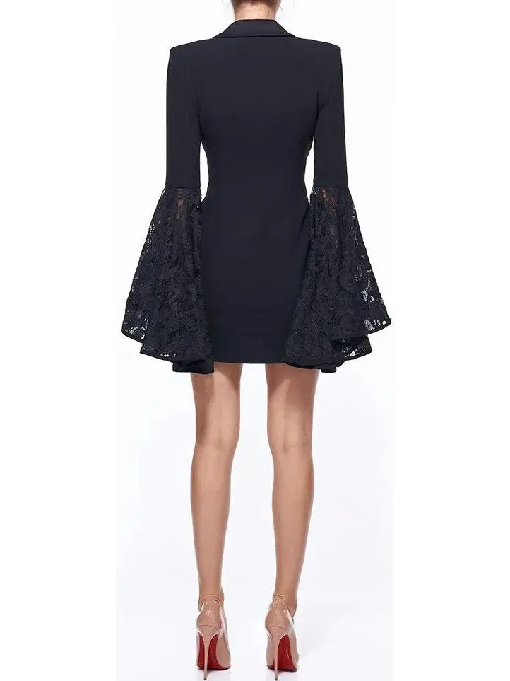 Women’s Black Double-Breasted Lace-Sleeve Blazer Dress