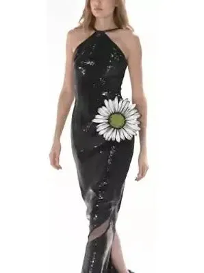 Women’s Black Sequined Dress with Daisy Embroidery