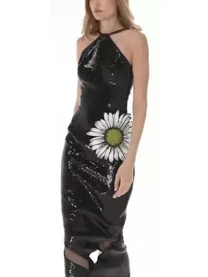 Women’s Black Sequined Dress with Daisy Embroidery