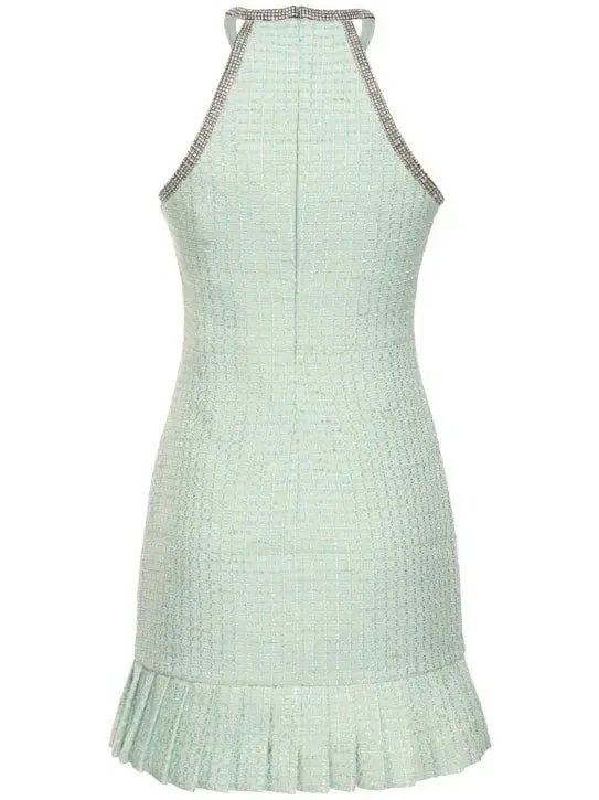 Women’s Crystal Halter-Neck Embellished Mint Green Boucle Mini Dress