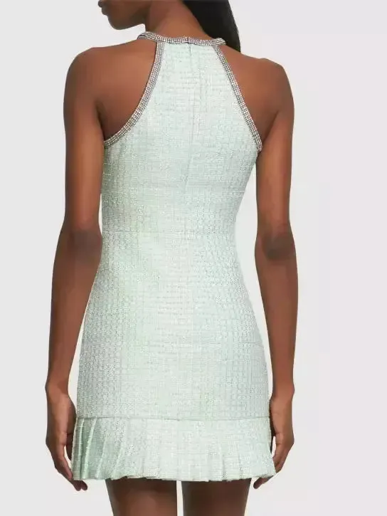 Women’s Crystal Halter-Neck Embellished Mint Green Boucle Mini Dress