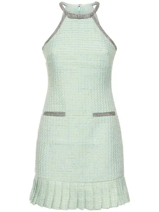 Women’s Crystal Halter-Neck Embellished Mint Green Boucle Mini Dress