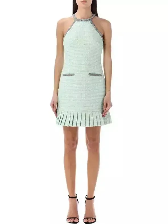 Women’s Crystal Halter-Neck Embellished Mint Green Boucle Mini Dress