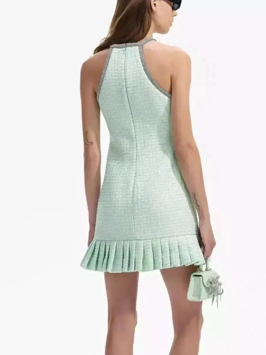 Women’s Crystal Halter-Neck Embellished Mint Green Boucle Mini Dress