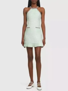 Women’s Crystal Halter-Neck Embellished Mint Green Boucle Mini Dress