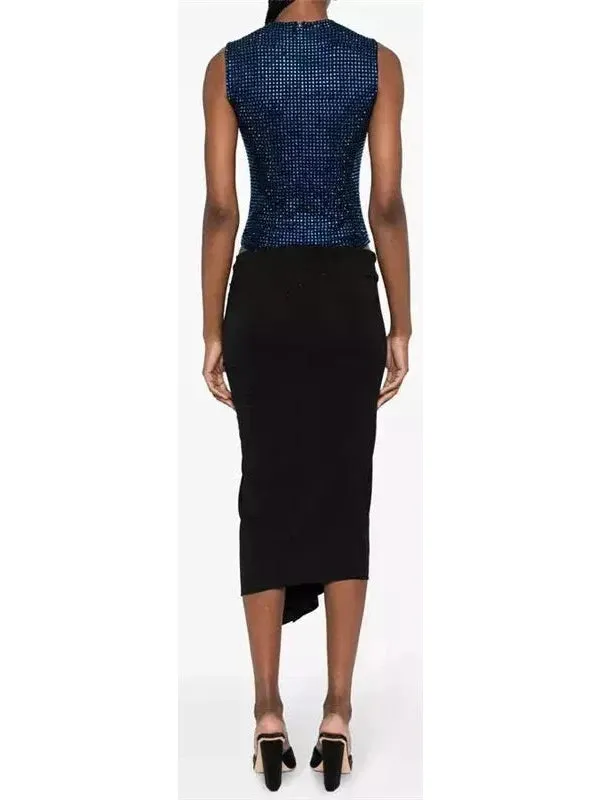 Women’s Cut-Out Draped Embellished Midi Dress in Blue and Black